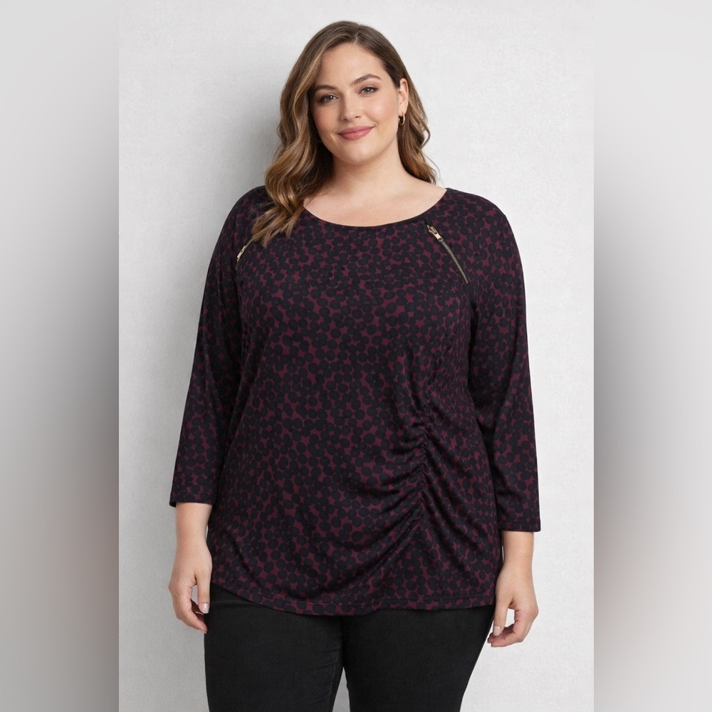 Jessica Polka Dot Zip Shoulder Top | Burgundy & Black | L